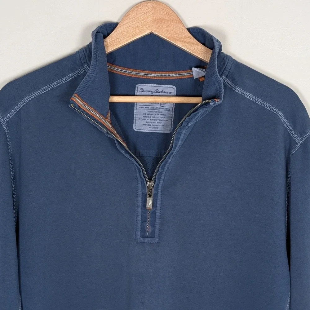 Tommy Bahama Jeans Mens XL Blue Quarter Zip Pullover Perfect Fit Island Crafted